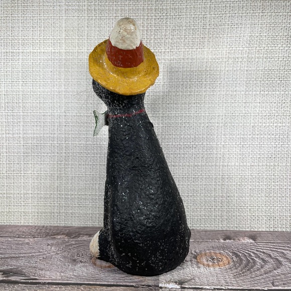 Black Halloween Cat Candy Corn Hat and Fish Bow Tie Sparkly Home Decor - Picture 2 of 6